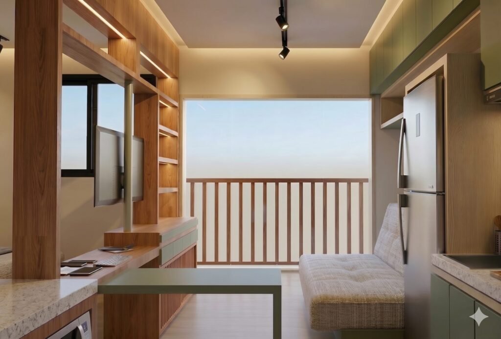 Sala de studio compacto com sofá-cama, marcenaria sob medida e varanda integrada