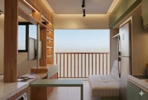 Sala de studio compacto com sofá-cama, marcenaria sob medida e varanda integrada